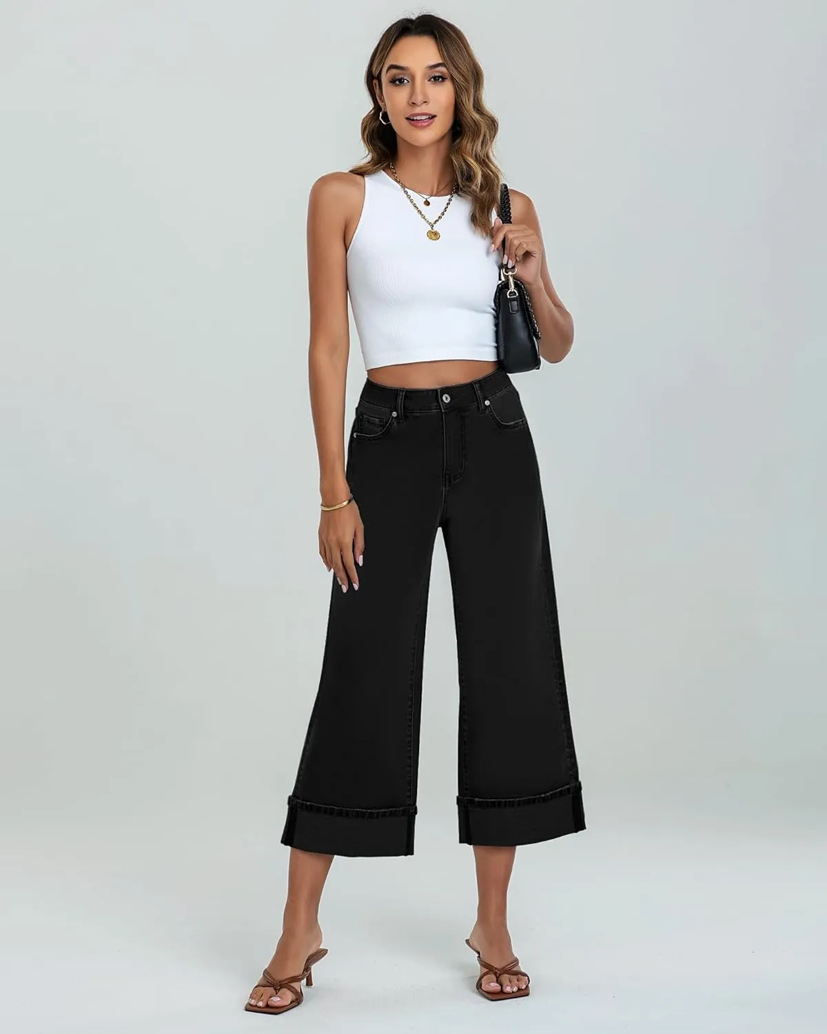 GRAPENT Wide Leg Jeans for Women High Waisted Stretchy Denim Crop Pants Fold Hem Cropped Baggy Jeans with Pockets
