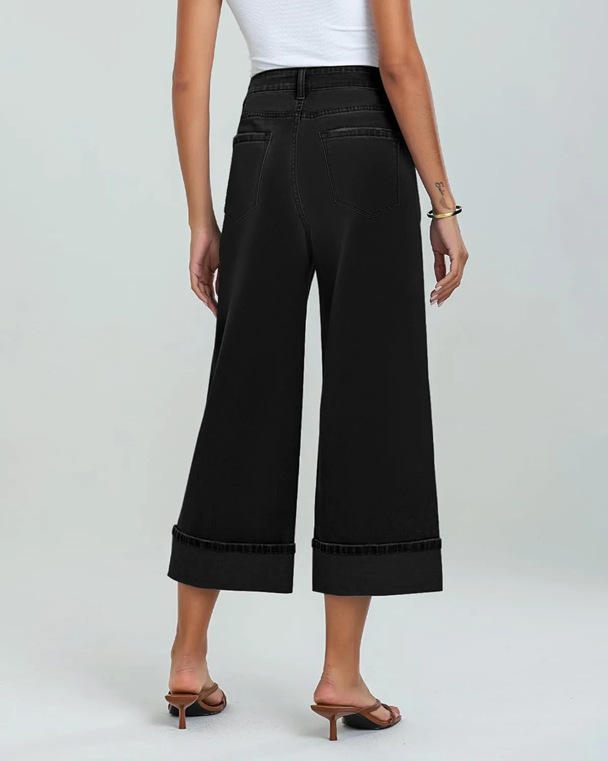 GRAPENT Wide Leg Jeans for Women High Waisted Stretchy Denim Crop Pants Fold Hem Cropped Baggy Jeans with Pockets