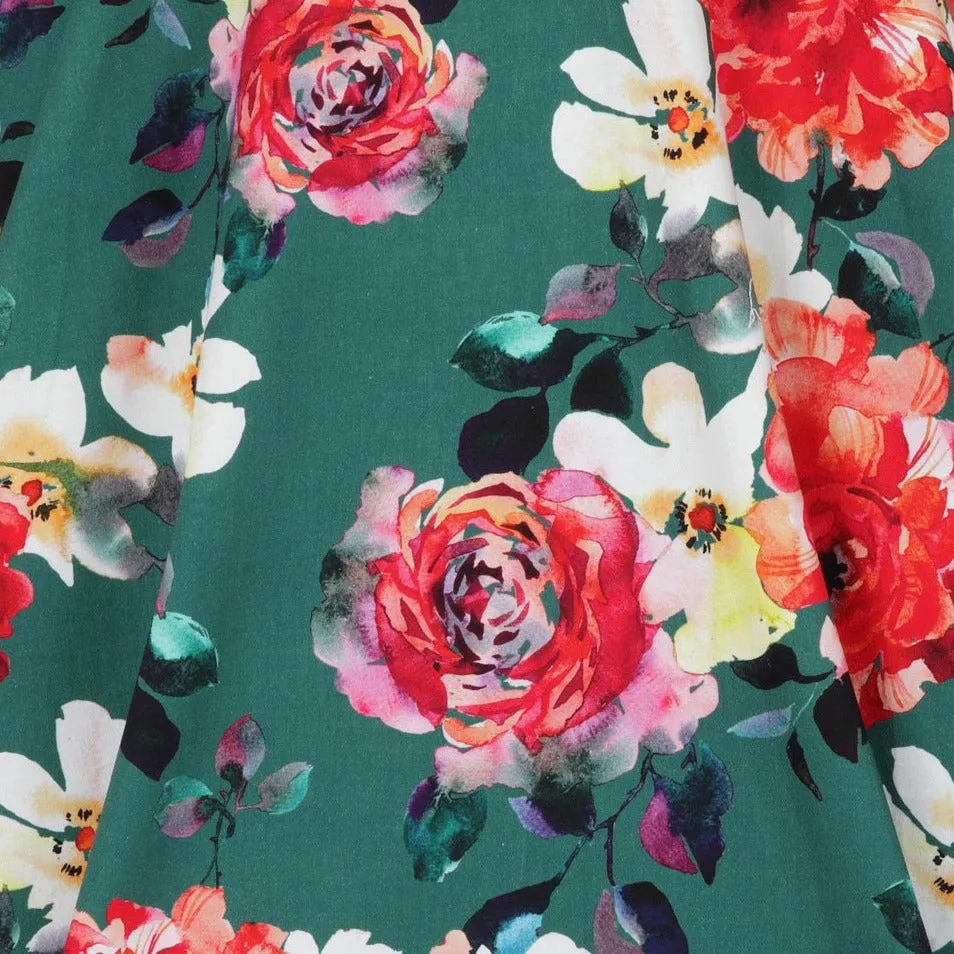 Green Floral Print 1/2 Sleeve Pin Up Rockabilly 50s Swing Dress