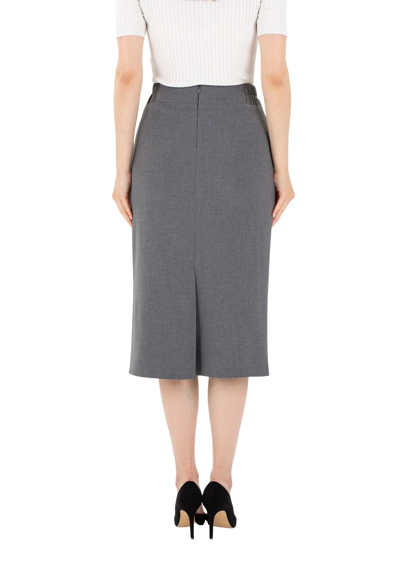 Grey Midi Pencil Skirt with Elastic Waist and Closed Back Vent