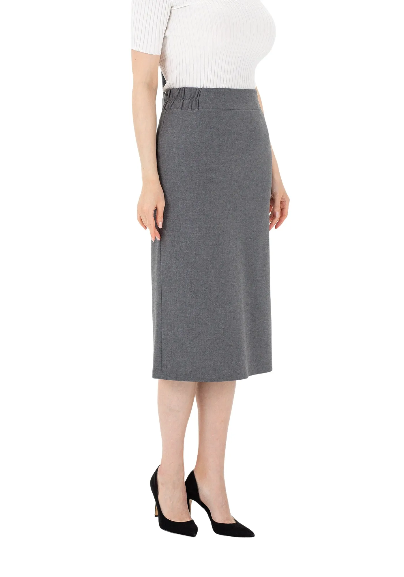 Grey Midi Pencil Skirt with Elastic Waist and Closed Back Vent