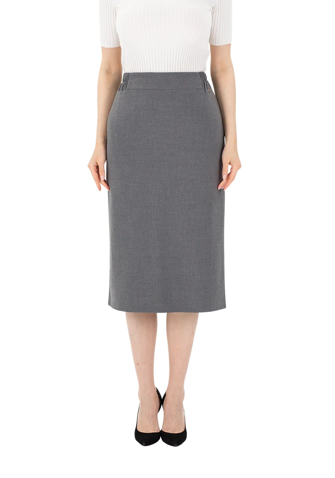 Grey Midi Pencil Skirt with Elastic Waist and Closed Back Vent