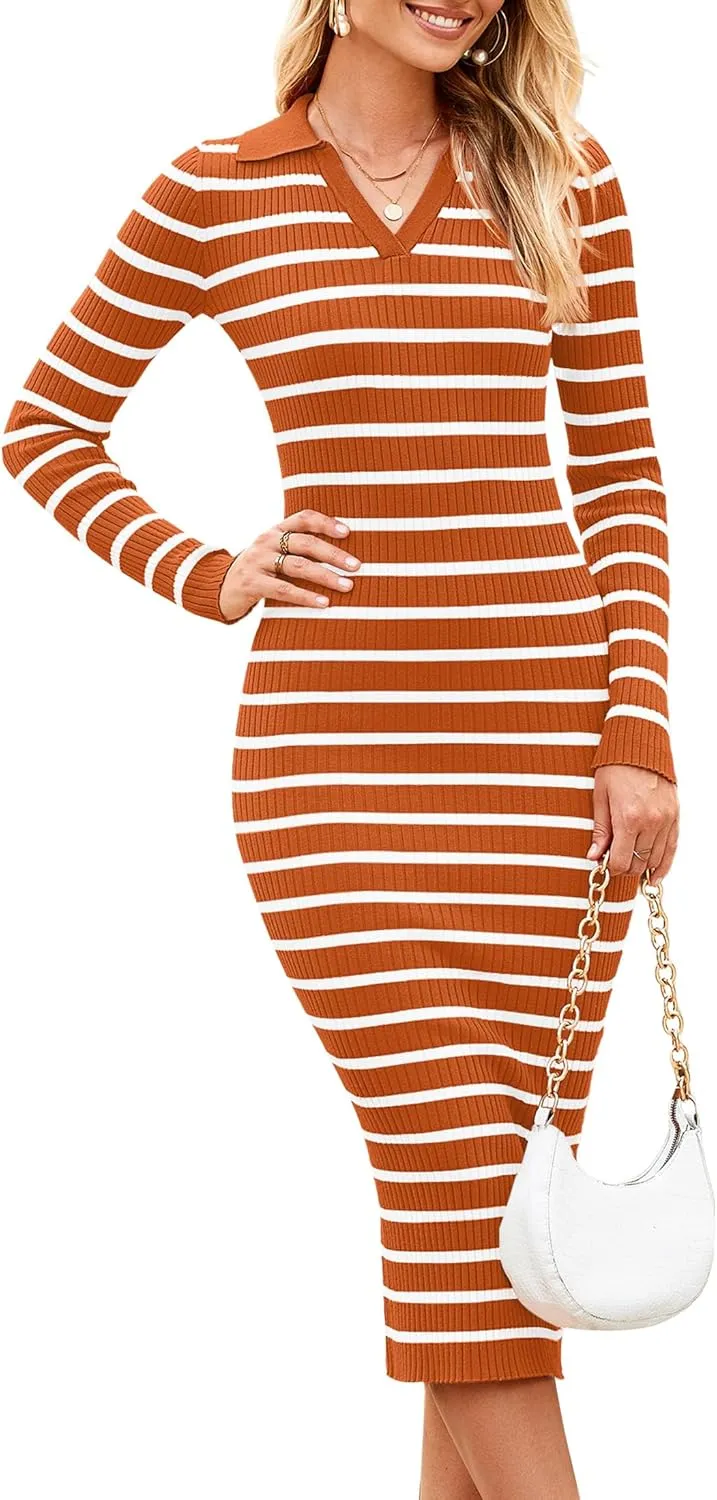 HAEOF Women's 2024 Long Sleeve Trendy Striped Sweater Dress Fall Casual Ribbed Knit V Neck Slim Fit Party Formal Midi Dresses