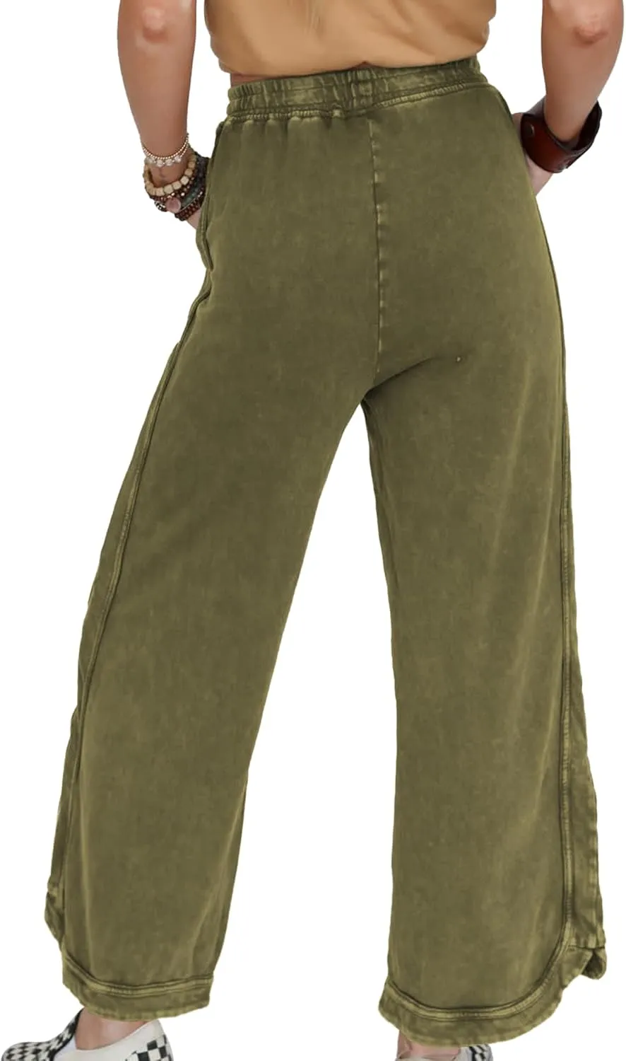 Hixiaohe Women's Casual Wide Leg Sweatpants High Waist Baggy Acid Wash Pants Drawstring Athletic Palazzo Pants with Pockets