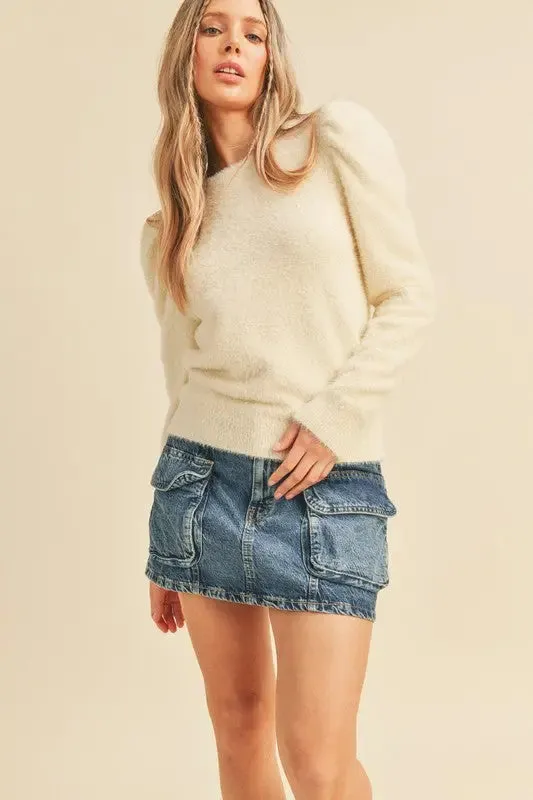 Ivory Fuzzy Puff Sleeve Sweater