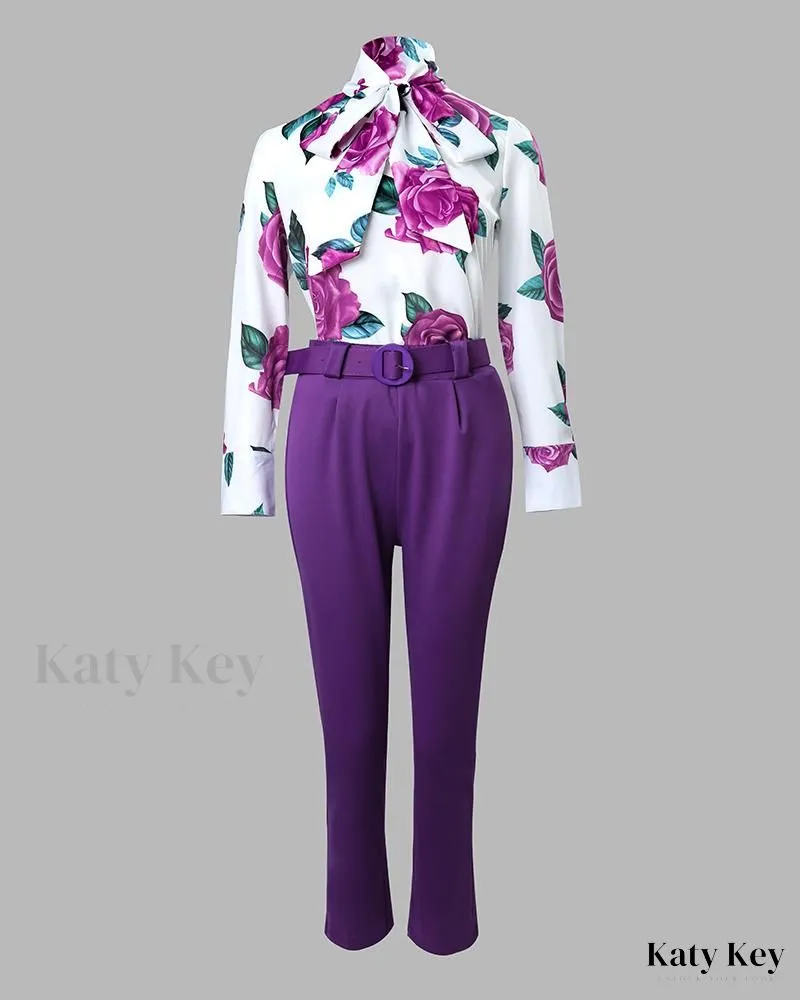 KatyKey - Botanical Print Coordinated Top and Trousers Set, Featuring a Stylish Necktie and Complementary Belt