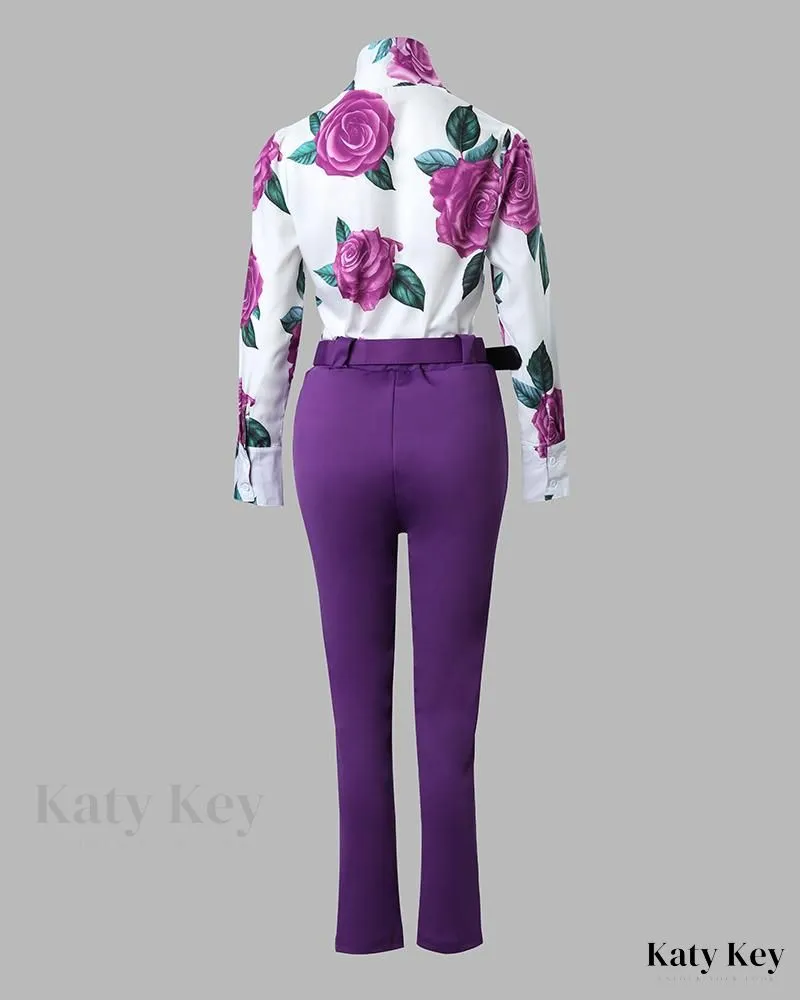 KatyKey - Botanical Print Coordinated Top and Trousers Set, Featuring a Stylish Necktie and Complementary Belt