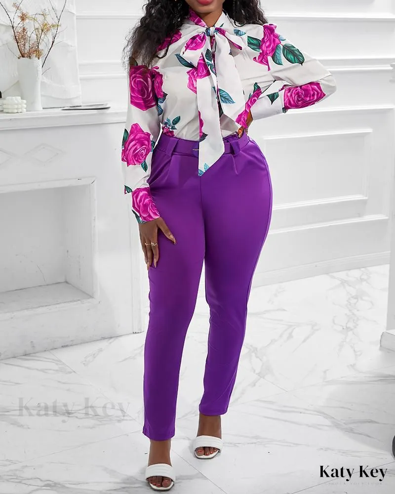 KatyKey - Botanical Print Coordinated Top and Trousers Set, Featuring a Stylish Necktie and Complementary Belt