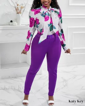 KatyKey - Botanical Print Coordinated Top and Trousers Set, Featuring a Stylish Necktie and Complementary Belt