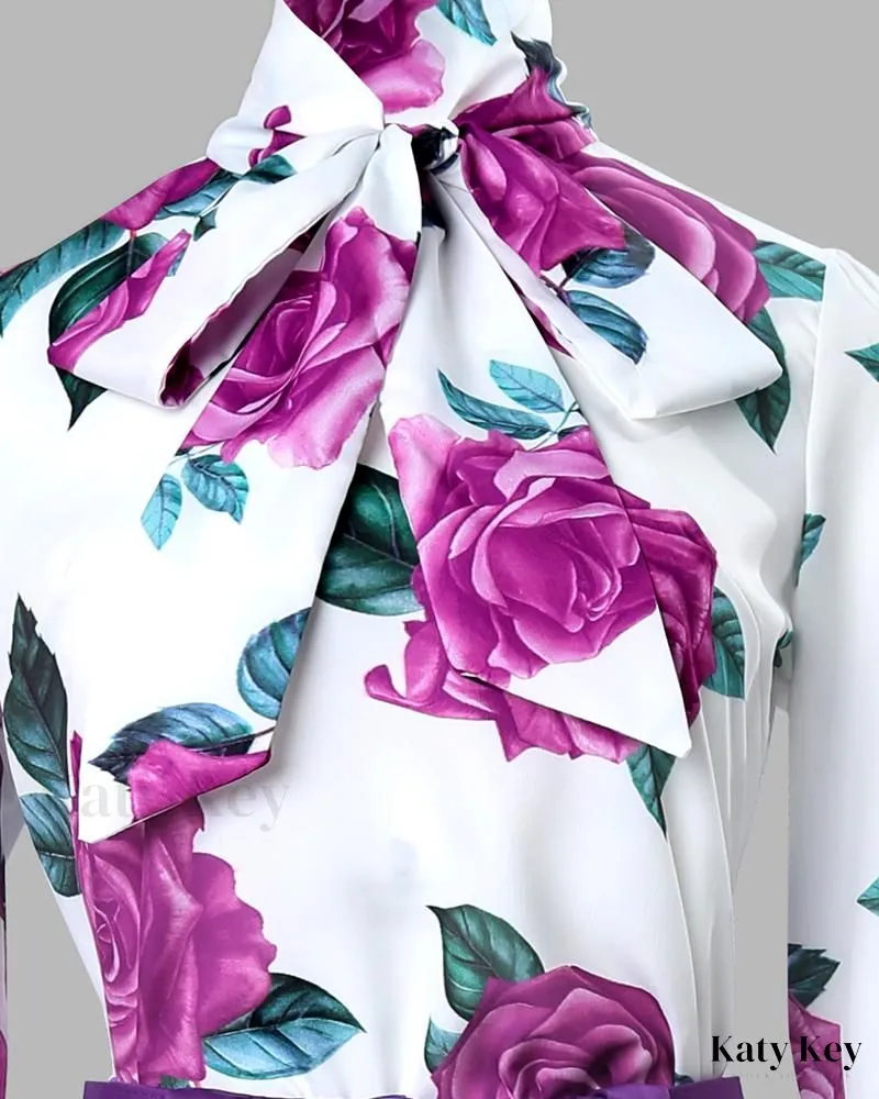 KatyKey - Botanical Print Coordinated Top and Trousers Set, Featuring a Stylish Necktie and Complementary Belt