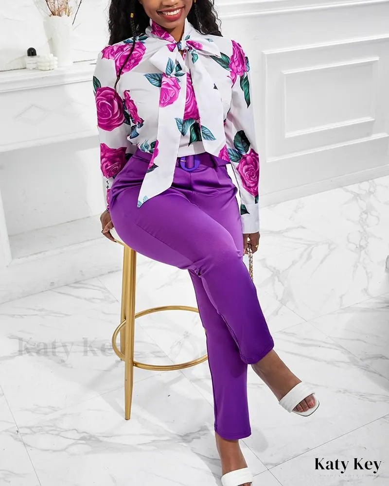 KatyKey - Botanical Print Coordinated Top and Trousers Set, Featuring a Stylish Necktie and Complementary Belt