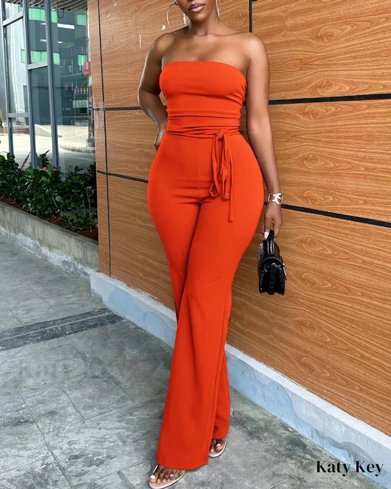 KatyKey - Chic Bandeau Top and Stylish Tied Detail Pants Set