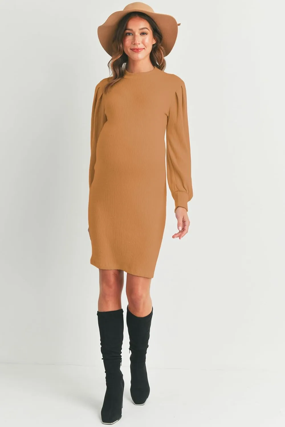 LaClef Womens Long Puff Sleeve Ribbed Knit Maternity Sweater Dress