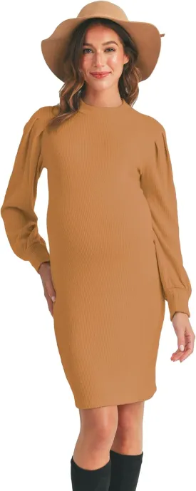 LaClef Womens Long Puff Sleeve Ribbed Knit Maternity Sweater Dress