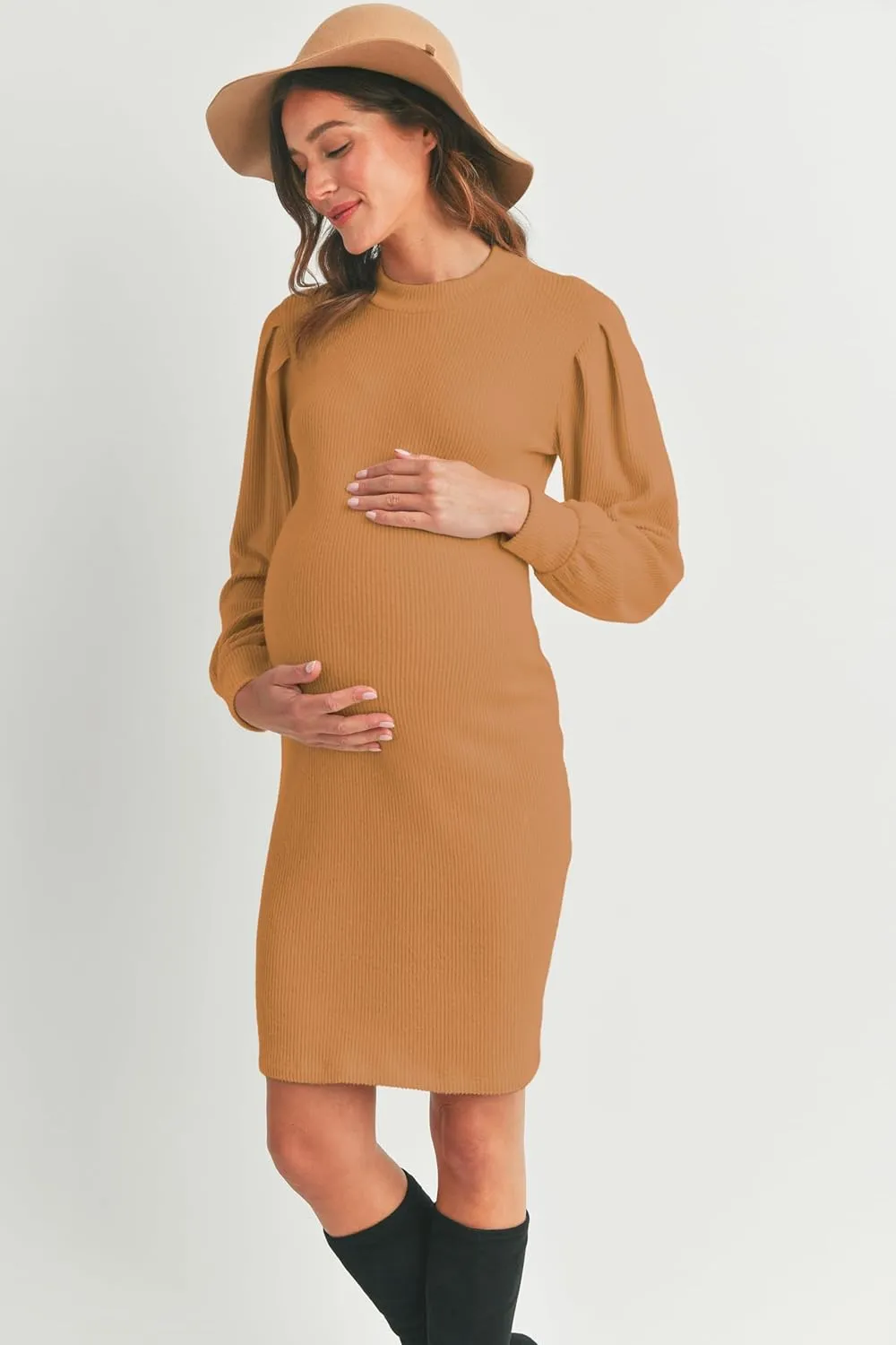 LaClef Womens Long Puff Sleeve Ribbed Knit Maternity Sweater Dress