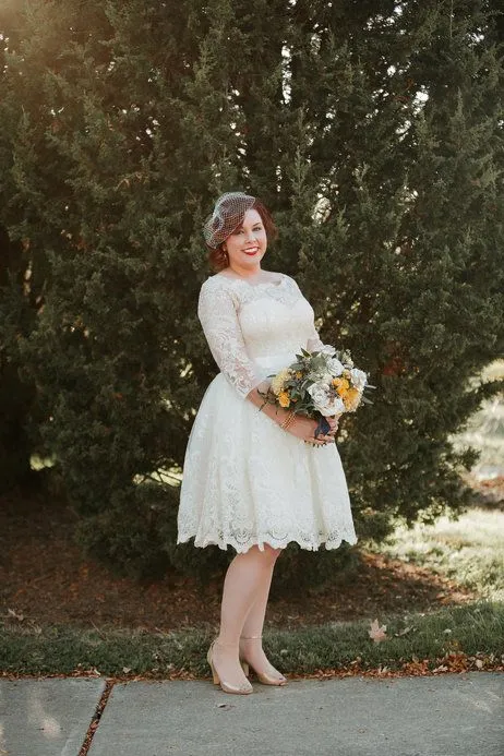 Long Sleeve Lace Tea Length Rockabilly Wedding Dress