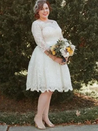 Long Sleeve Lace Tea Length Rockabilly Wedding Dress