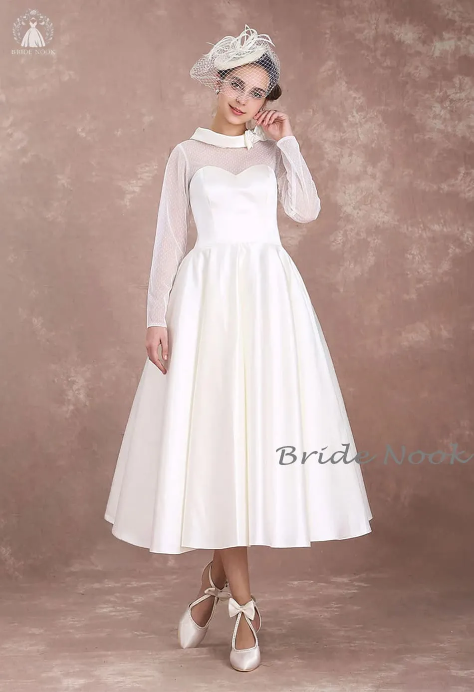 Long Sleeves Vintage Style Tea Length Wedding Dress