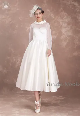 Long Sleeves Vintage Style Tea Length Wedding Dress