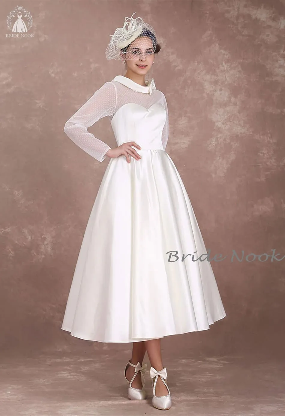 Long Sleeves Vintage Style Tea Length Wedding Dress