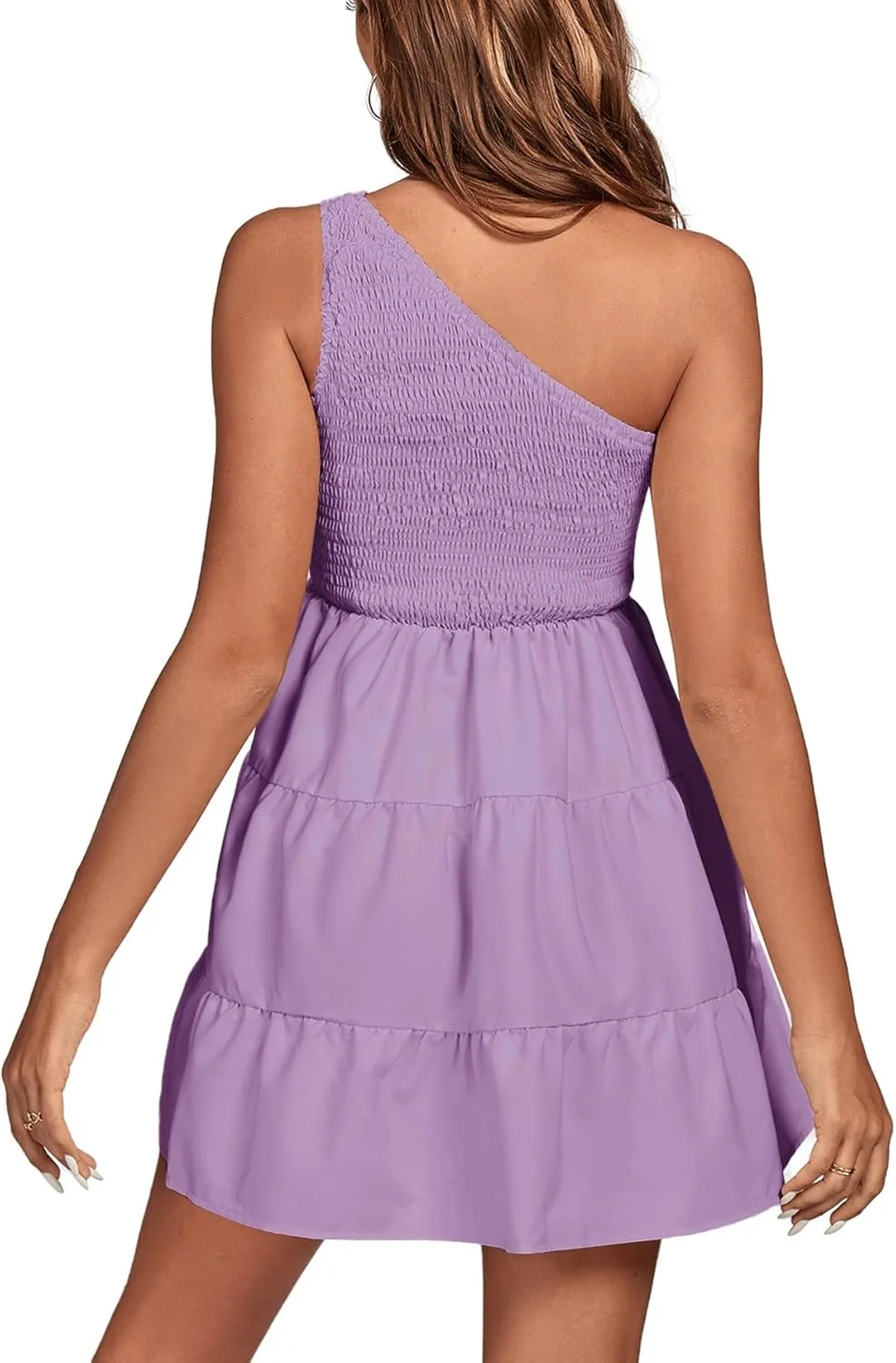 LYANER Women's One Shoulder Smocked Shirred Tiered Ruffle Sleeveless A-Line Mini Dress
