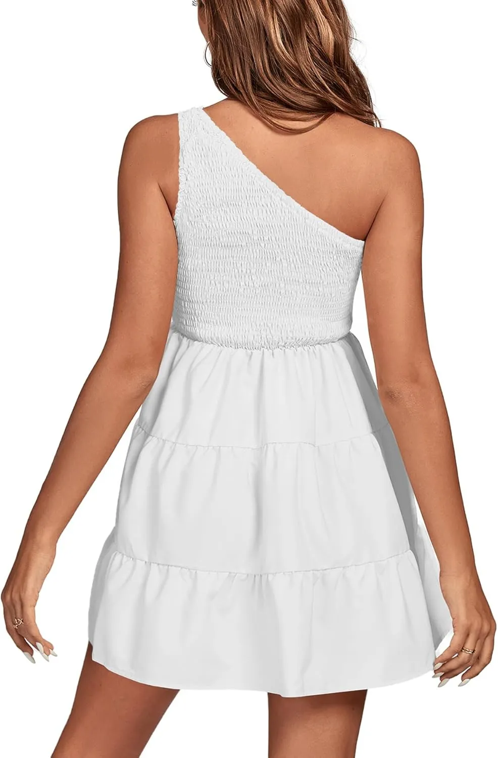LYANER Women's One Shoulder Smocked Shirred Tiered Ruffle Sleeveless A-Line Mini Dress