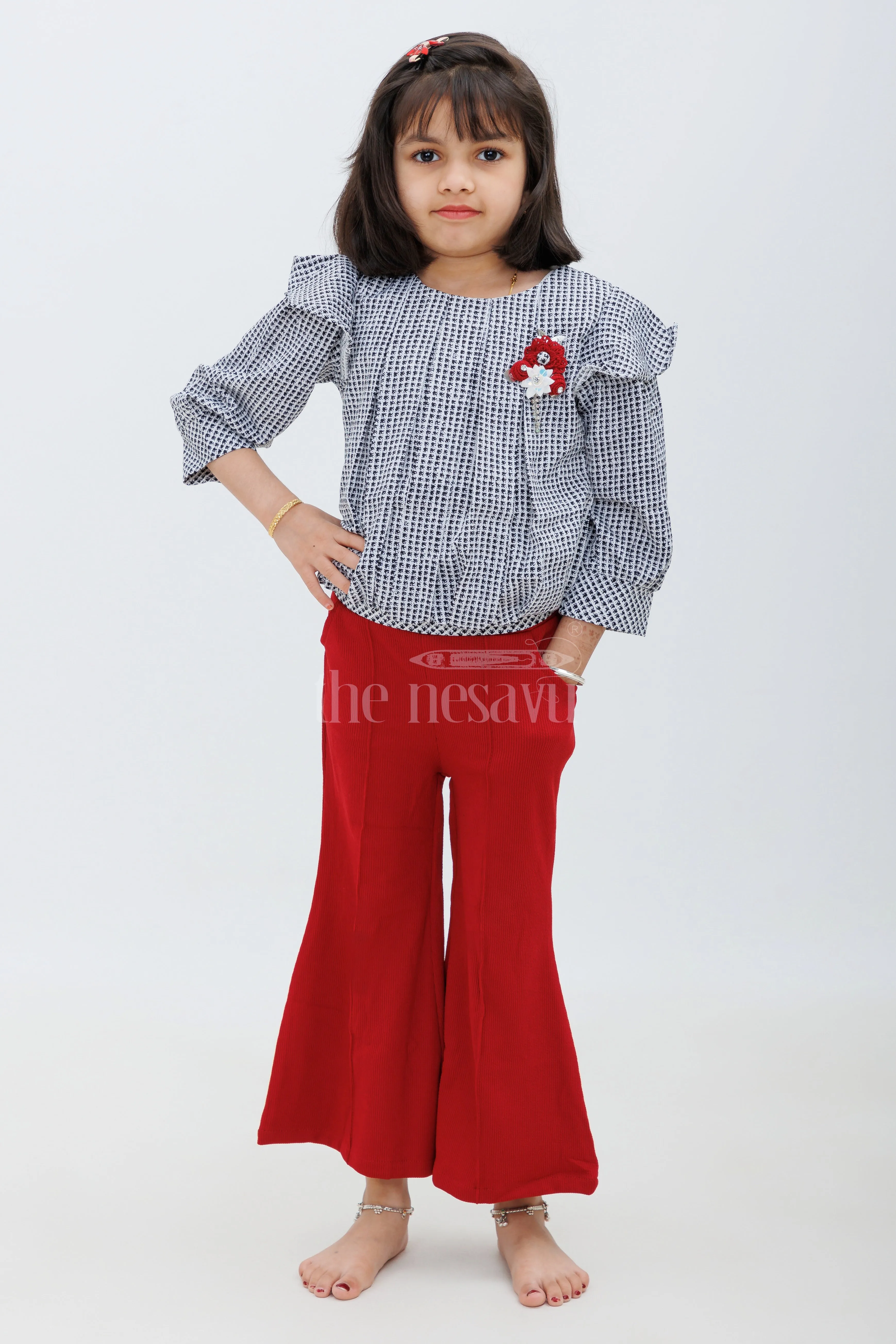 Maroon and Green Checked IndoWestern Sharara Set for Girls