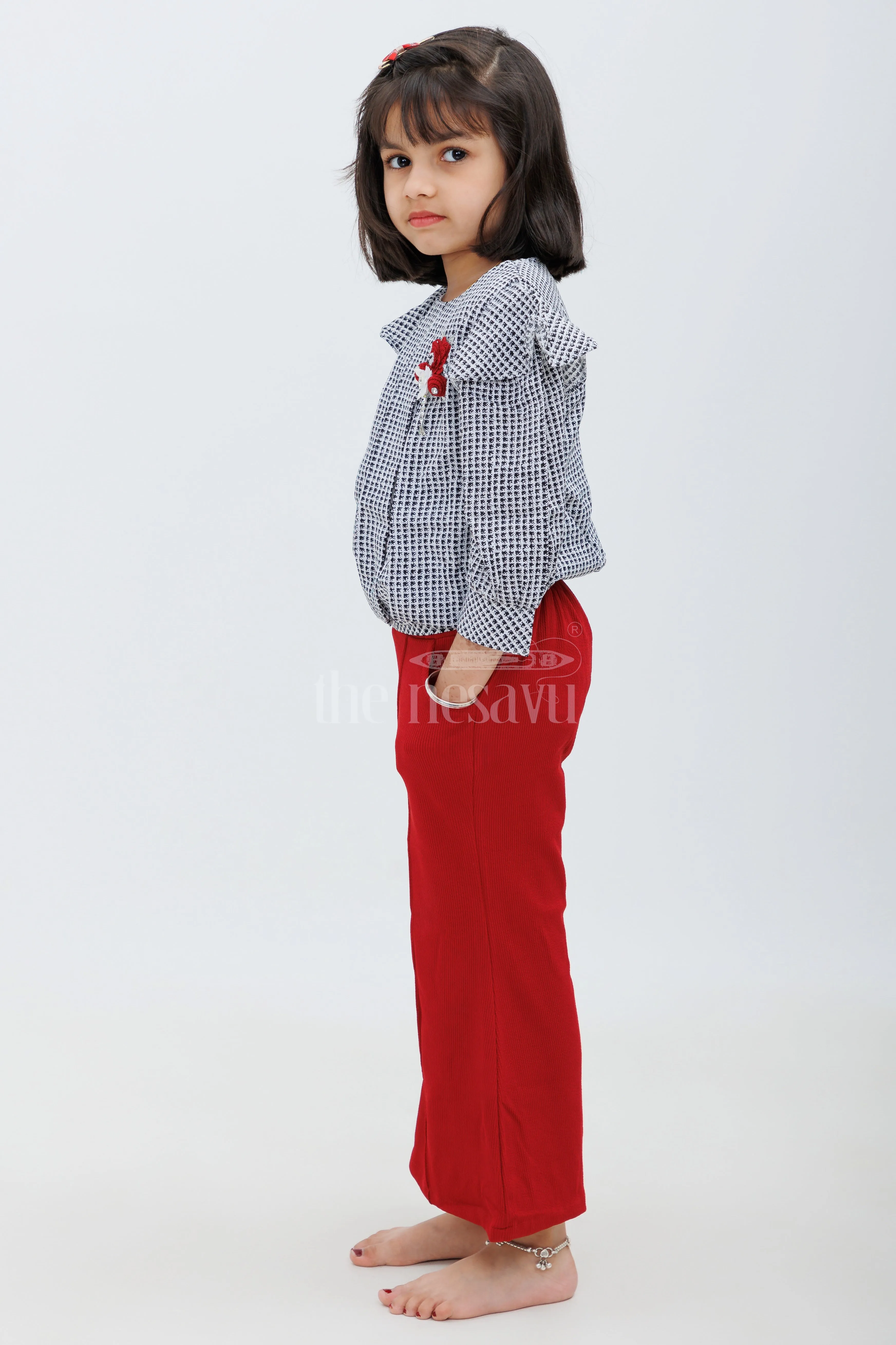 Maroon and Green Checked IndoWestern Sharara Set for Girls