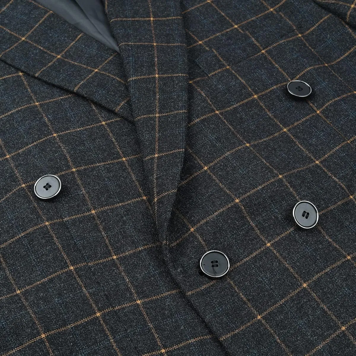Mens Blue Slim Fit 3 Piece Checked Suits Double Breasted Vintage Fashion