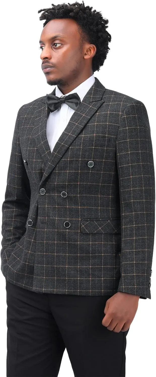 Mens Blue Slim Fit 3 Piece Checked Suits Double Breasted Vintage Fashion