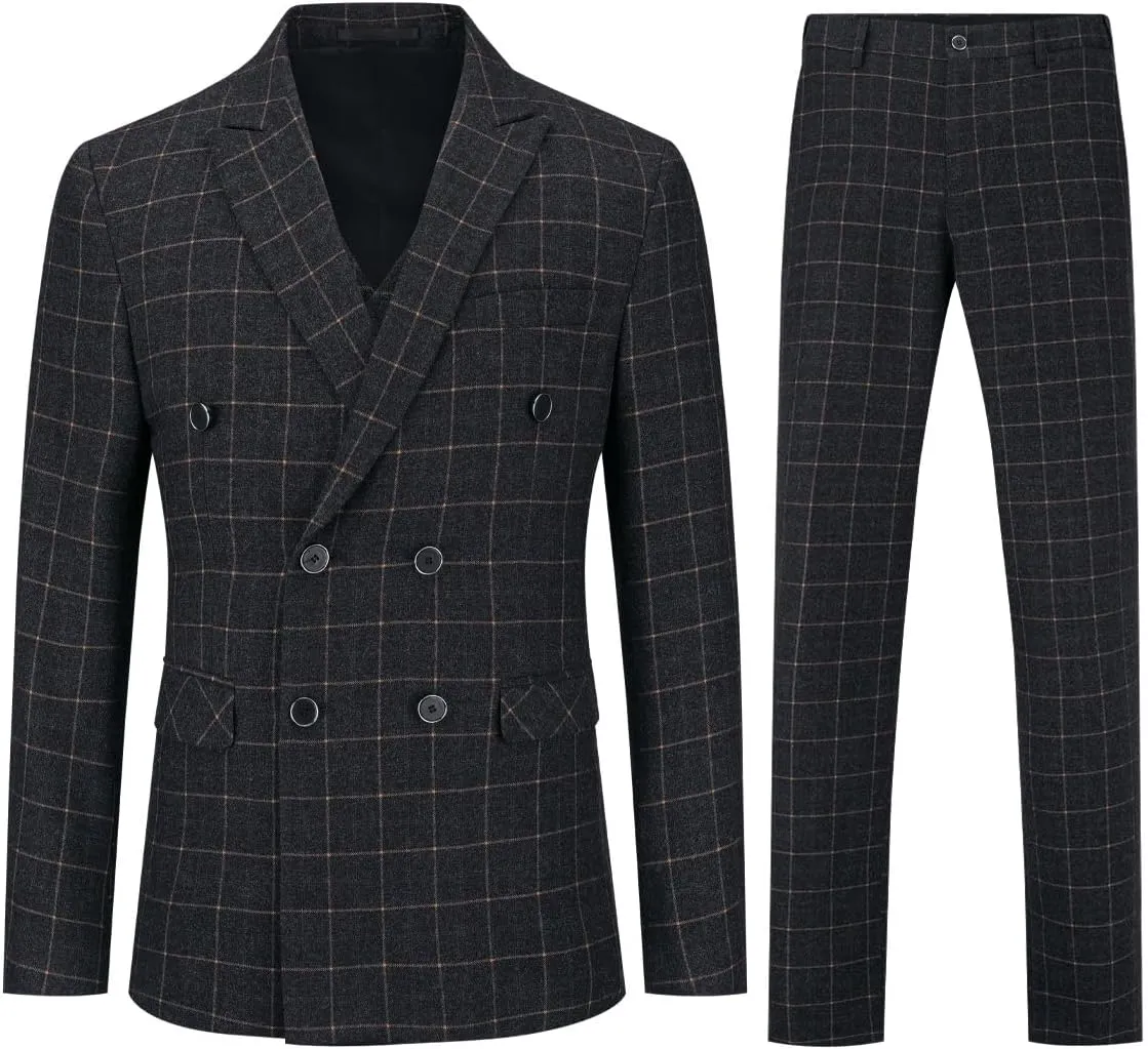 Mens Blue Slim Fit 3 Piece Checked Suits Double Breasted Vintage Fashion
