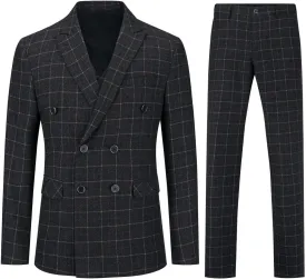Mens Blue Slim Fit 3 Piece Checked Suits Double Breasted Vintage Fashion