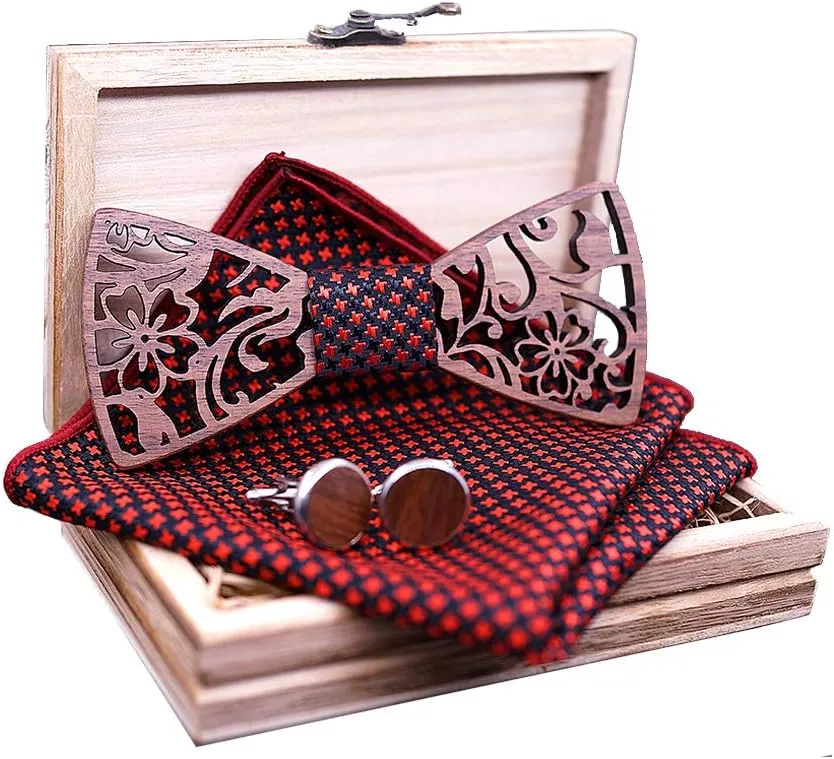 Mens Handmade Wood Hollow Bow Tie with Matching Pocket Square and Men's Wooden Cufflinks Set