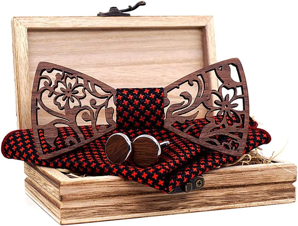 Mens Handmade Wood Hollow Bow Tie with Matching Pocket Square and Men's Wooden Cufflinks Set