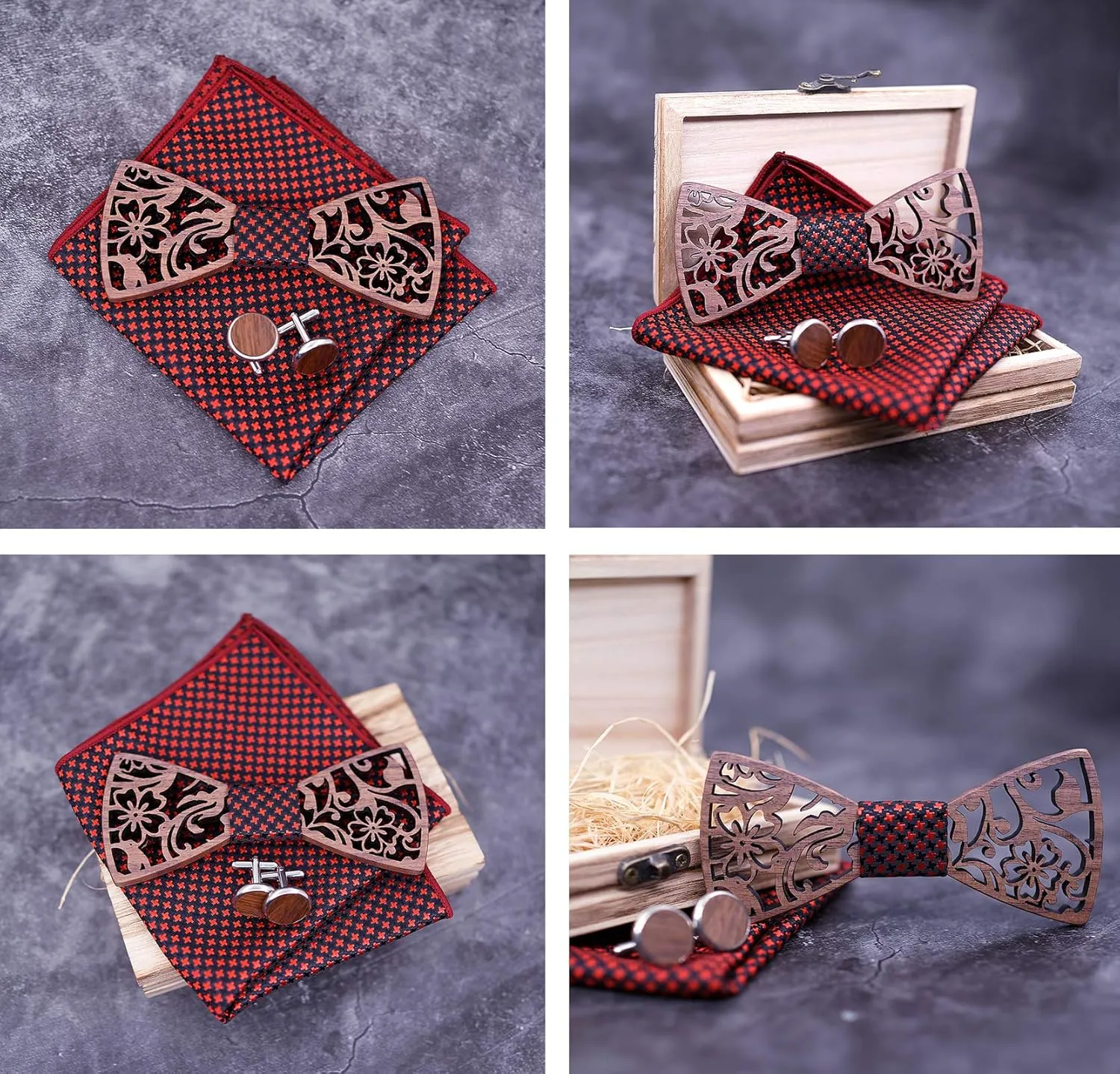 Mens Handmade Wood Hollow Bow Tie with Matching Pocket Square and Men's Wooden Cufflinks Set