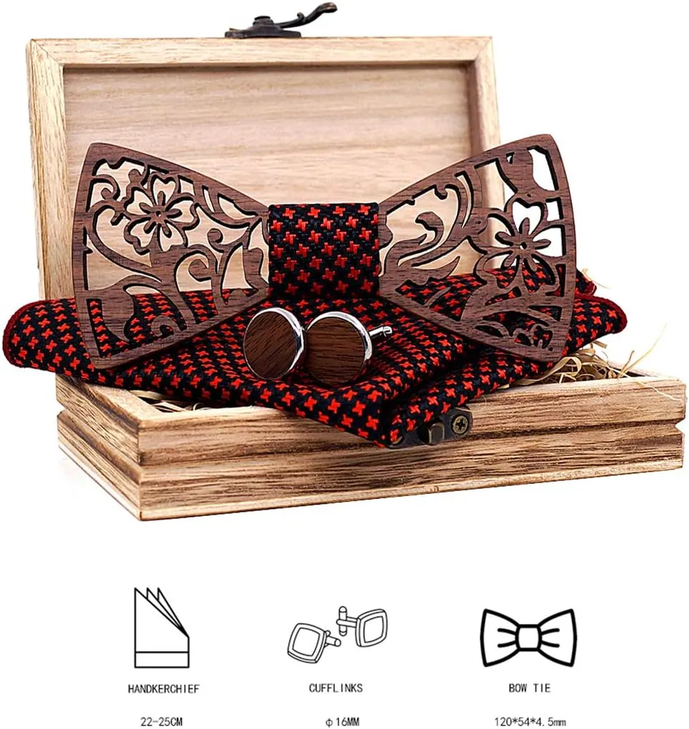 Mens Handmade Wood Hollow Bow Tie with Matching Pocket Square and Men's Wooden Cufflinks Set