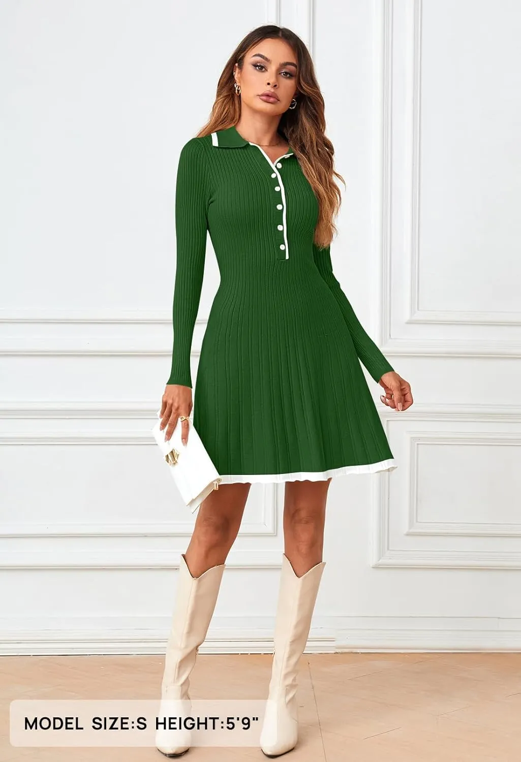 MEROKEETY Women's Long Sleeve V Neck Sweater Dress 2025 Spring Button Knit Pleated Mini Work Dresses