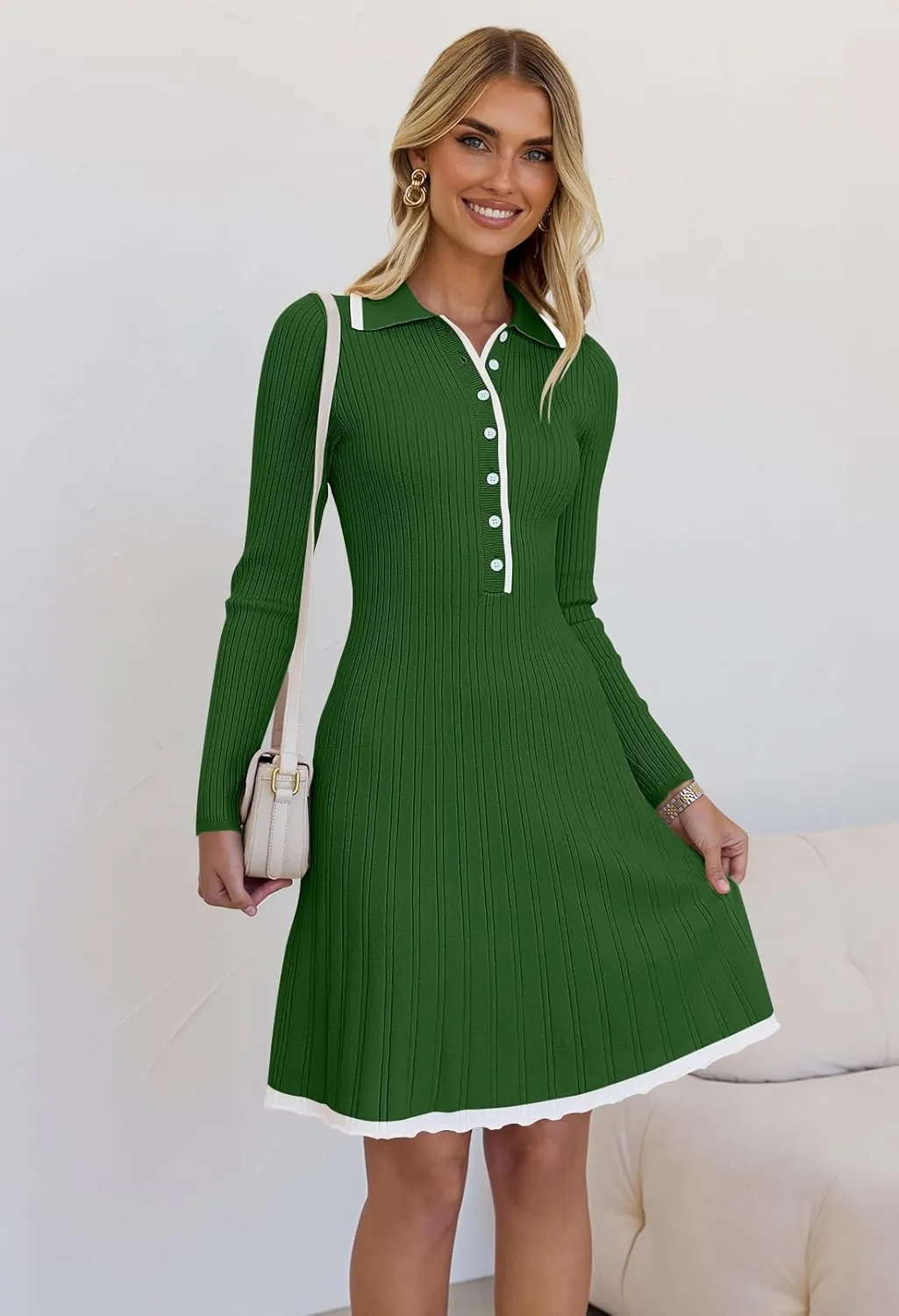 MEROKEETY Women's Long Sleeve V Neck Sweater Dress 2025 Spring Button Knit Pleated Mini Work Dresses