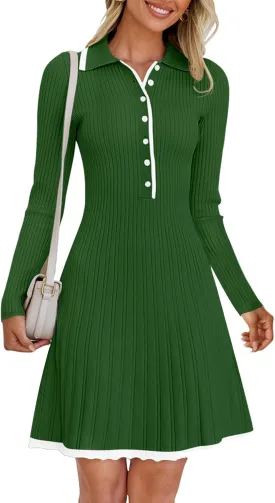 MEROKEETY Women's Long Sleeve V Neck Sweater Dress 2025 Spring Button Knit Pleated Mini Work Dresses