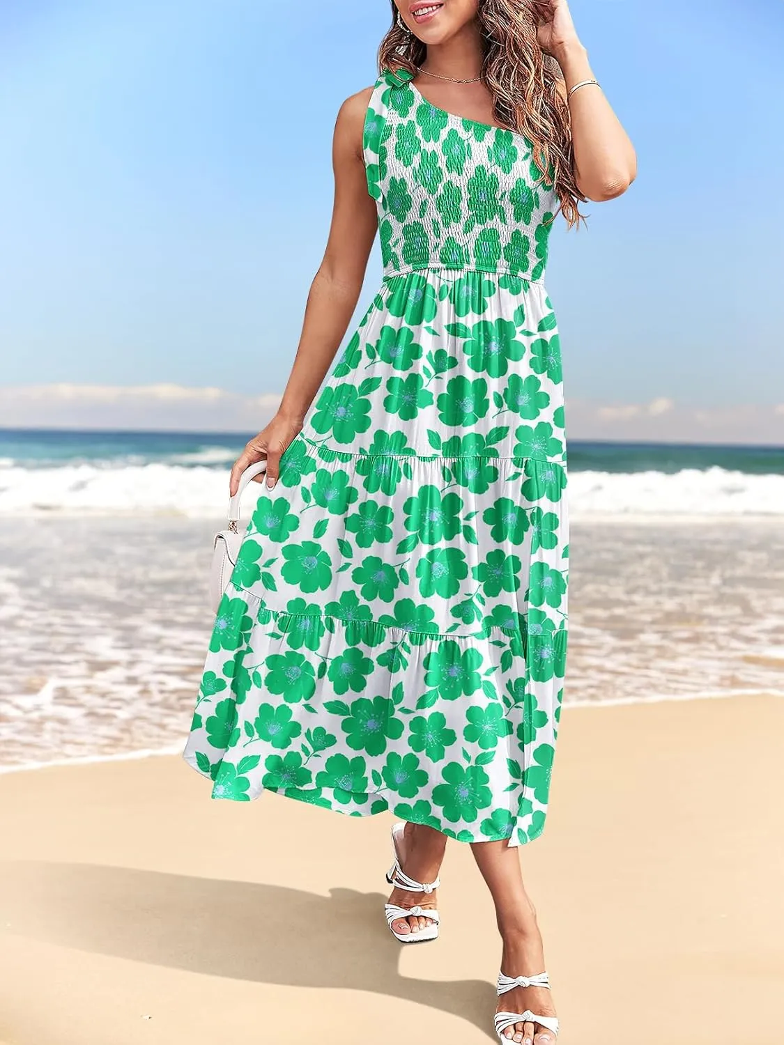 MEROKEETY Women's Summer One Shoulder Sleeveless Knot Smocked Midi Dress Split Tiered Flowy Dresses