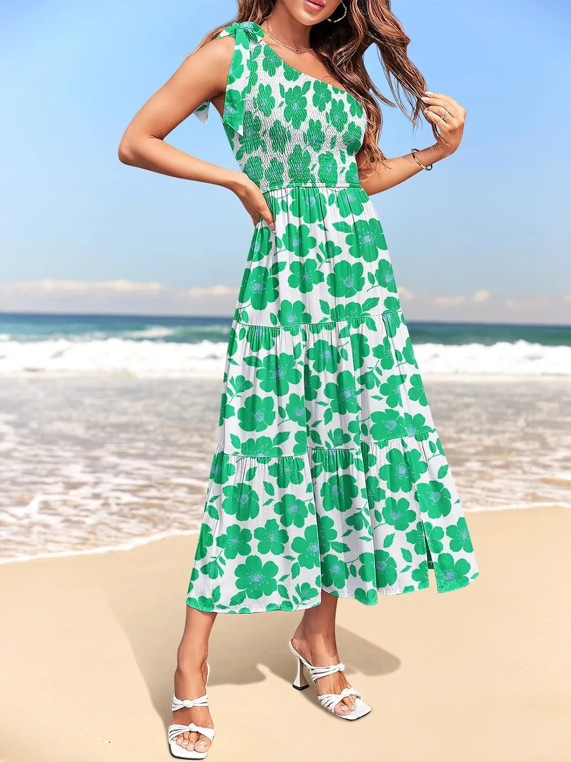 MEROKEETY Women's Summer One Shoulder Sleeveless Knot Smocked Midi Dress Split Tiered Flowy Dresses