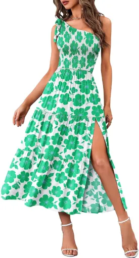 MEROKEETY Women's Summer One Shoulder Sleeveless Knot Smocked Midi Dress Split Tiered Flowy Dresses