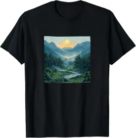 Misty Mountain Valley Vintage Landscape Graphic T-Shirt