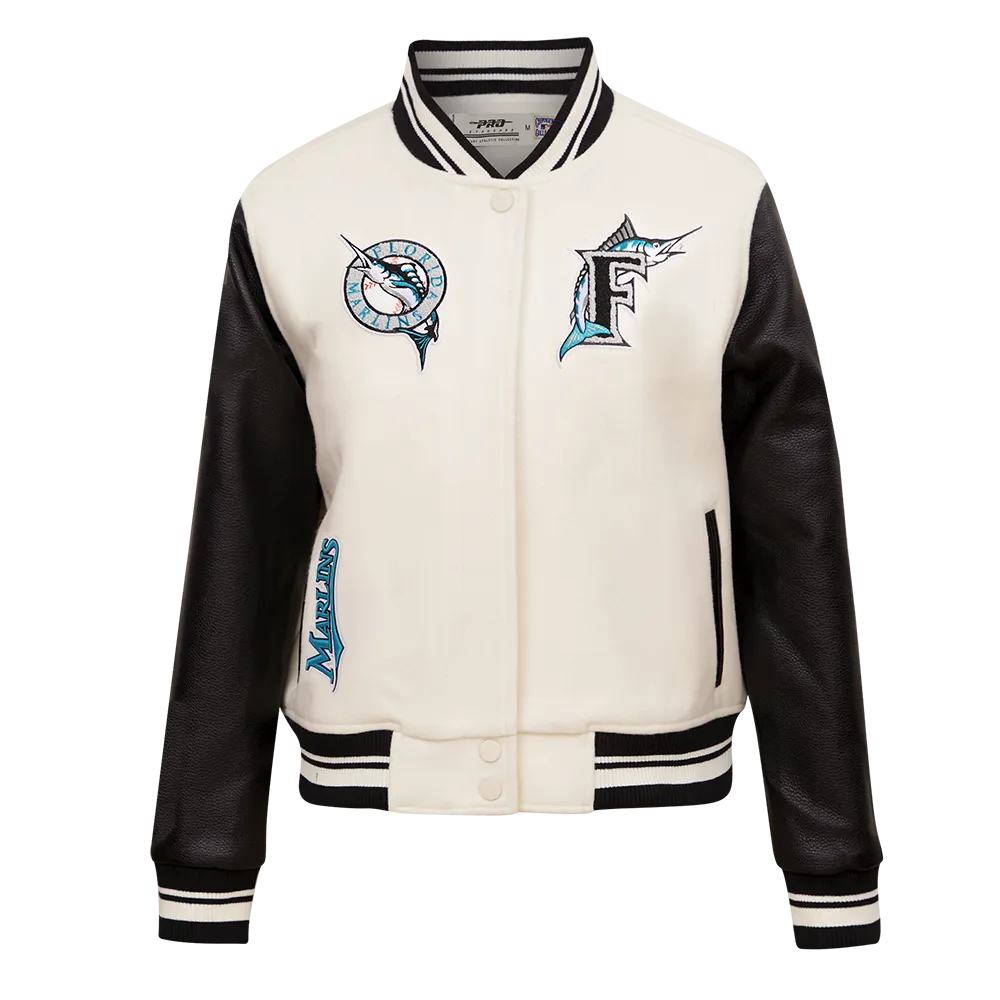 MLB FLORIDA MARLINS RETRO CLASSIC WOMEN'S RIB WOOL VARSITY JACKET (EGGSHELL/ BLACK)