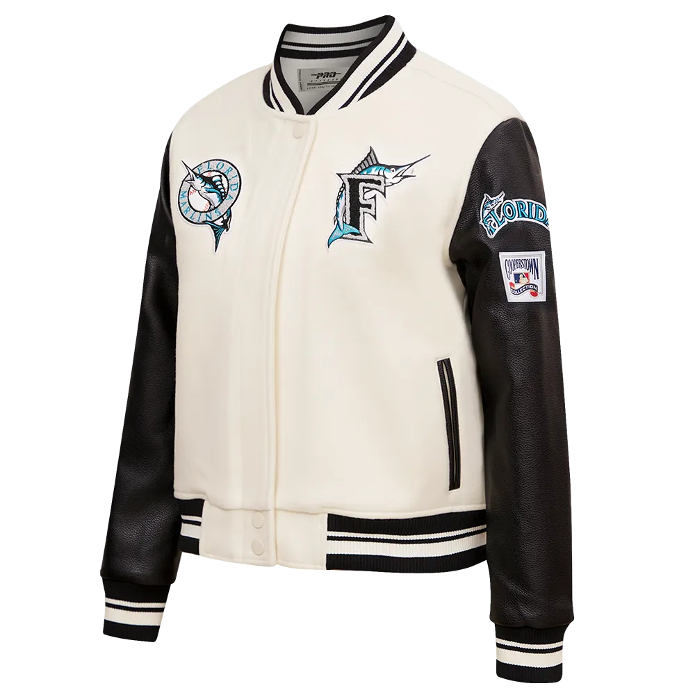 MLB FLORIDA MARLINS RETRO CLASSIC WOMEN'S RIB WOOL VARSITY JACKET (EGGSHELL/ BLACK)