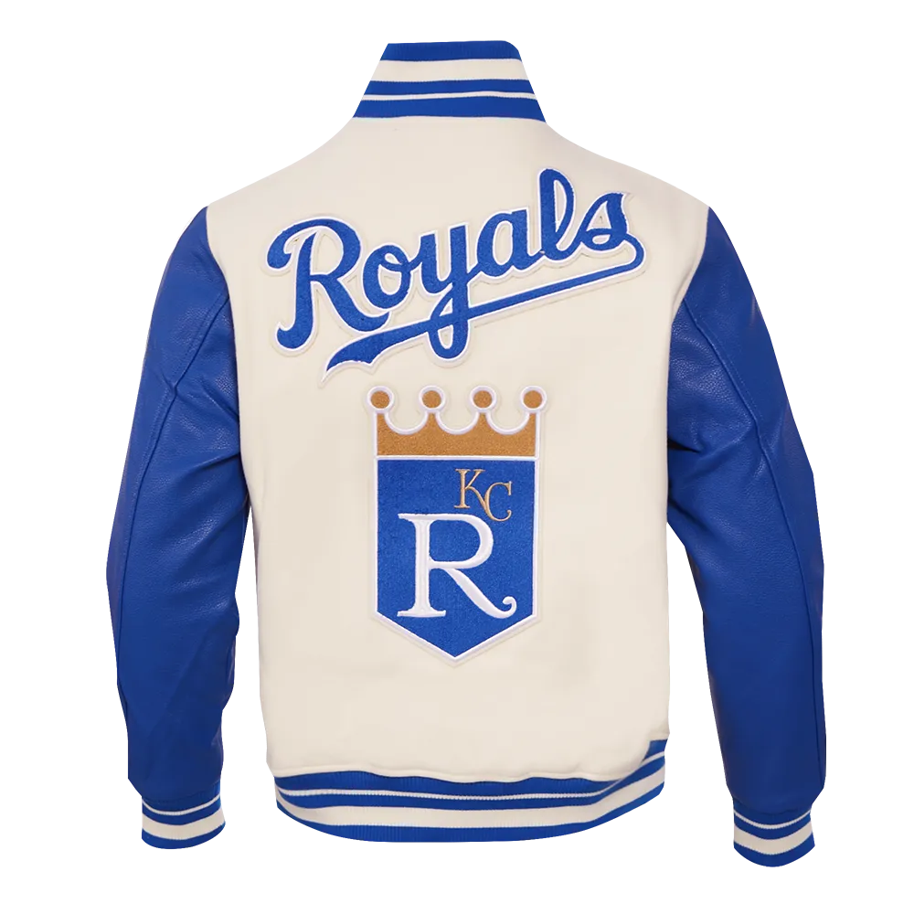 MLB KANSAS CITY ROYALS RETRO CLASSIC MEN'S RIB WOOL VARSITY JACKET (EGGSHELL/ UNIVERSITY BLUE)