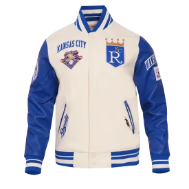 MLB KANSAS CITY ROYALS RETRO CLASSIC MEN'S RIB WOOL VARSITY JACKET (EGGSHELL/ UNIVERSITY BLUE)