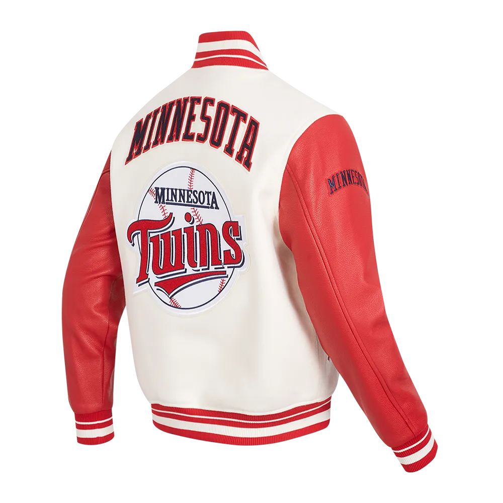 MLB MINNESOTA TWINS RETRO CLASSIC MEN'S RIB VARSITY JACKET (EGGSHELL/ RED)