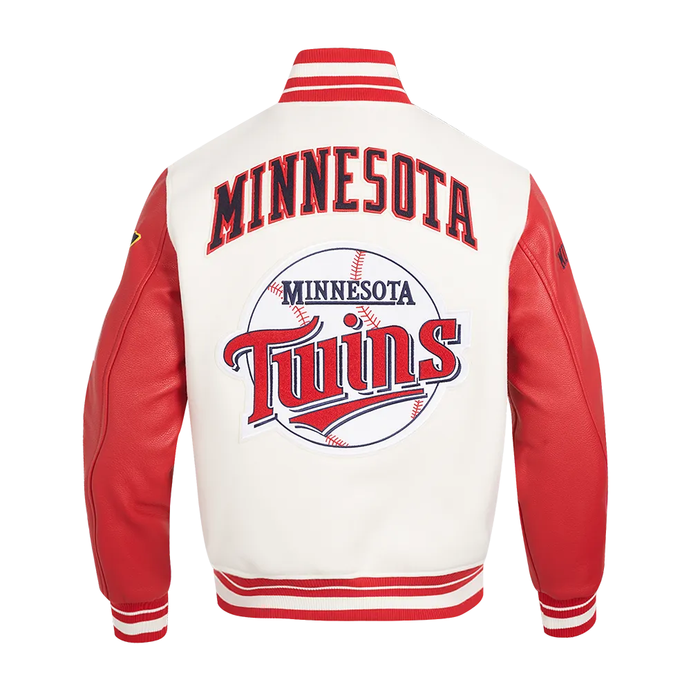 MLB MINNESOTA TWINS RETRO CLASSIC MEN'S RIB VARSITY JACKET (EGGSHELL/ RED)