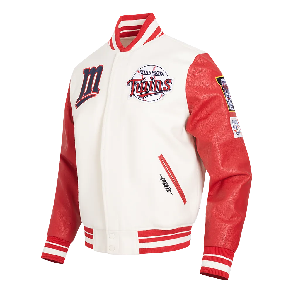 MLB MINNESOTA TWINS RETRO CLASSIC MEN'S RIB VARSITY JACKET (EGGSHELL/ RED)